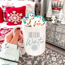 hello winter mug, holiday christmas mug, cute xmas campfire mug, ceramic mug, gifts for mom sister daughter, have a cup