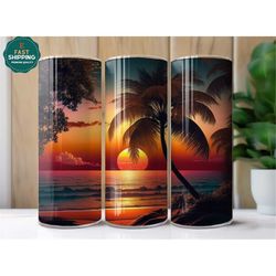 sunset beach tumbler for women, palm tree tumbler for girl, beach tumbler with straw, beach cup, beach lover tumbler, su