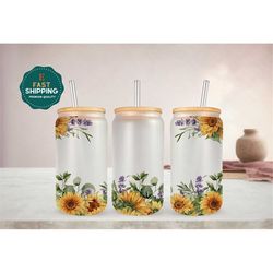 sunflower iced coffee glass for women, floral print sunflower glass cup, floral beer glass can, mothers day gift, sunflo