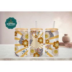 retro happy sunflower glass cup for women, floral coffee cup for girl, sunflower can for women, floral ice coffee cup fo