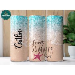 personalized sweet summer time beach tumbler with straw, summer vacation tumbler for her, personalized beach theme tumbl