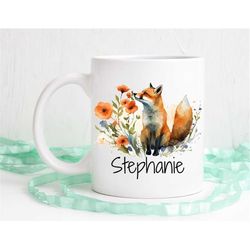 Fox mug, custom name coffee mug, fox gift, watercolor fox art, cute coffee mug, dishwasher safe