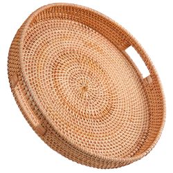 homessent round rattan tray 11.8 x 2 inches - natural rustic & sturdy wicker tray with cut-out handles - hand woven tray