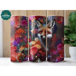 floral fox floral  for her, fox floral tumbler for women, tumbler cup for fox lover, fox travel tumbler with straw, fox