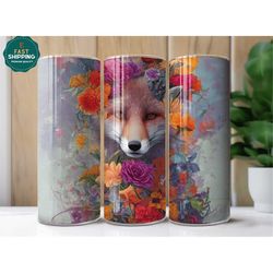 fox floral tumbler, fox tumbler for women, rose tumbler for fox lover, fox travel tumbler cup with straw, fox gift for m