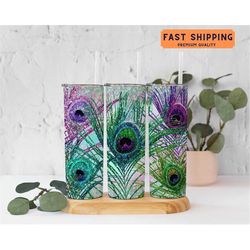 peacock feathers  glitter tumbler for her, peacock tumbler gifts for women, peacock tumbler cup, peacock cup with straw,