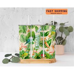 personalized tropical leaf bird tumbler with name, tropical leaf bird lover tumbler cup gift for women, tropical leaf tu