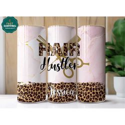 personalized hair hustler tumbler with straw, leopard print hair hustler gift for her, hairdresser gift for her, leopard