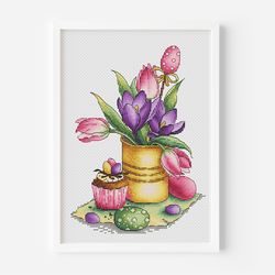 easter decor cross stitch pattern, mini easter egg cross stitch, tulip cross stitch, spring flower cross stitch