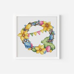 easter wreath cross stitch pattern pdf, easter bunny cross stitch, easter egg cross stitch, flowers cross stitch