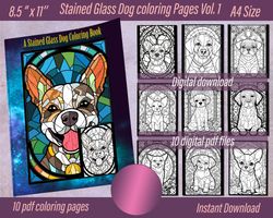 stained glass dog coloring pages vol. 1, 10 digital pdf files, instant download - perfect for a  coloring experience at