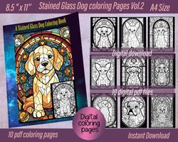 stained glass dog coloring pages vol. 2, 10 digital pdf files, instant download - perfect for a  coloring experience