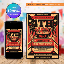 4th of july flyer template, american independence day party flyer template canva editable instant downlod