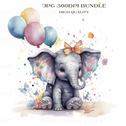 cute elephant art bundle, digital print, nursery decor, nursery decor, balloons butterfly, unique design, jungle animal,