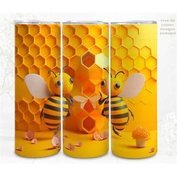 3D Honeycomb Tumbler Wrap Sublimation Bees Honeycomb, 300dpi Straight Skinny 20 oz Tumbler Wrap, 3D Design, Commercial U