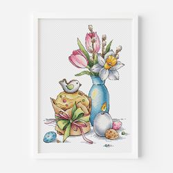 watercolor flowers cross stitch pattern, tulip cross stitch, easter egg cross stitch, spring flowers cross stitch