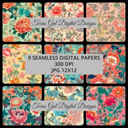 floral wallpaper digital paper, 9 seamless floral patterns digital paper, seamless floral wallpaper digital paper