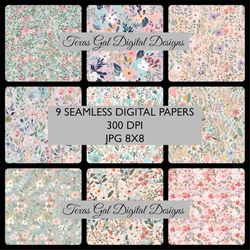 spring flowers digital paper, 9 seamless pastel floral patterns, spring floral digital paper, seamless spring flower