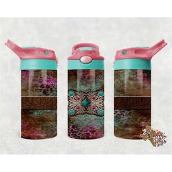 western belt buckle leopard pink glitter 12oz straight flip top water bottle sublimation design seamless png instant dig