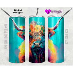 highland cow tumbler wrap, watercolor tumbler wrap, 20oz sublimation tumbler png, digital download, seamless design