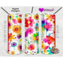 Mod Flowers Tumbler Wrap, Watercolor Tumbler Wrap, 20 oz Skinny Tumbler Sublimation Design, Seamless Pattern