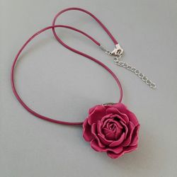 bordo leather rose pendant 3rd anniversary gift for wife, leather women's jewelry