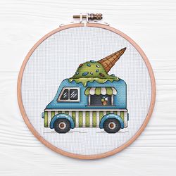 car cross stitch pattern pdf, ice cream cross stitch, kawaii car embroidery, blue minivan nursery cross stitch decor