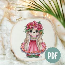 peony wreath bunny cross stitch, rabbit cross stitch pattern, flower cross stitch, animal cross stitch, pink dress