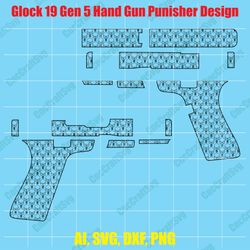 glock 19 gen 5 hand gun punisher design custom, digital, ai, vector, dxf, svg, png