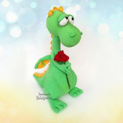 dragon with roses soft crochet toy, flying reptile, fantasy lovers gift, welsh dragon nursery, handmade toy