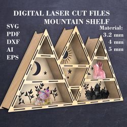 digital laser cut file for mountain shelf, wall crystal display svg, triangle shelf, material - 3.2 mm (1/8"), 4mm, 5mm