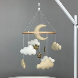 minimalist baby mobile neutral beige cloud nursery mobile moon baby mobile personalized mobile baby shower gift