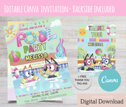 bluey canva birthday pool party invitation, editable bluey summer party invitation