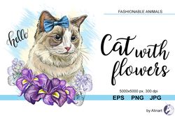 fluffy cat with flowers illustration