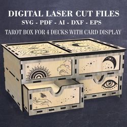 digital download tarot box for 4 decks with card display laser cut file crystal storage box svg material - 1/8"-3.2 mm