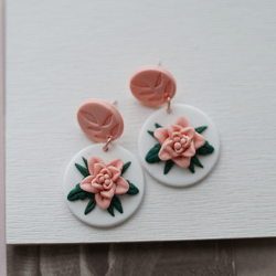 handmade pink rose flower pattern vintage polymer clay earrings for women girls