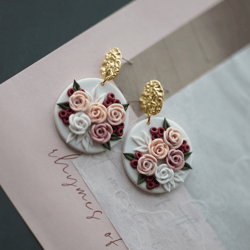 handmade unique lightweight mini rose flower pattern polymer clay earrings gift for her