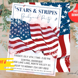 4th july stars and stripes party editable printable invitation canva personalized instant download