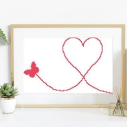 butterfly heart cross stitch pattern, love cross stitch, instant download, modern cross stitch pdf, art deco pattern.