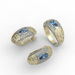 3d model of a jewelry ring and earrings with a large gemstone for printing. engagement ring and earrings. 3d printing