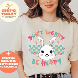 Don't Worry Be Hoppy Shirt, Easter Shirt Gift for Women, Christian Easter Shirt, Easter Bunny with Heart Glasses and Pea