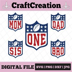 football first birthday svg, bundle one mom dad sis bro family svg, football theme birthday boy svg, boys birthday svg,