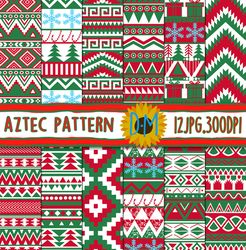 christmas aztec seamless pattern, 12 aztec digital paper set for scrapbooking and crafting, christmas background, tribal