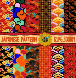 japanese seamless pattern, hand drawn oriental tattoo pattern set for scrapbooking and crafting, traditional background