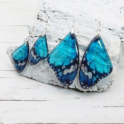 azure blue handmade earrings butterfly wings lever back summer ocean beach jewelry delicate lightweight accessory