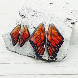 handmade orange monarch butterfly earriings of resin jewelry boho statement nature funny animal lover gift cottagecore