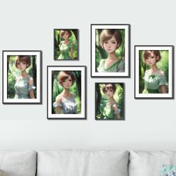 digital art, set of 6 prints, anime girl, posters, living room art, contemporary minimalist watercolor digital download