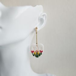 handmade lightweight tulip flower pattern dangle polymer clay earrings for mother's day gift