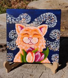 red cat canvas painting, cat art, mini cat oil painting, cat miniature painting, animal art, cat with flowers