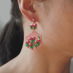 handmade polymer clay earrings with delicate floral pink daisy flowers - unusual art ethnic jewelry stud for women